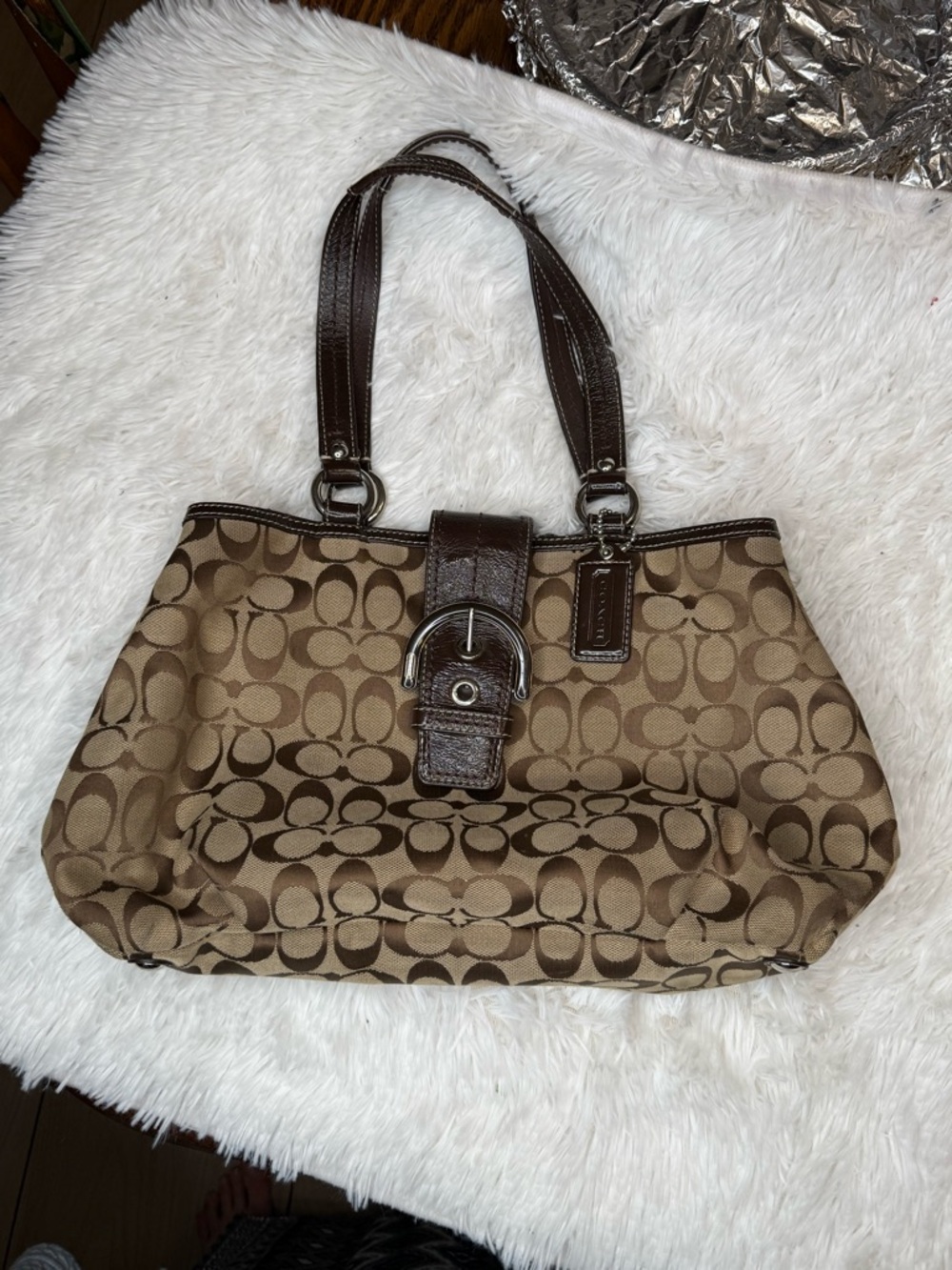Coach Y2K Signature Buckle Flap Shoulder Bag  F18750 Brown Tan Jacquard Leather